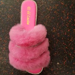 Pink Faux Fur Slide Rhinestone Sandals