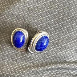 Authentic Vintage Christian Dior Silver-Tone Blue Lapis Cabochon Clip-On Earrings