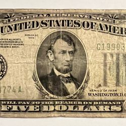 1934 USA $5 Federal Reserve Note - Washington DC Mint