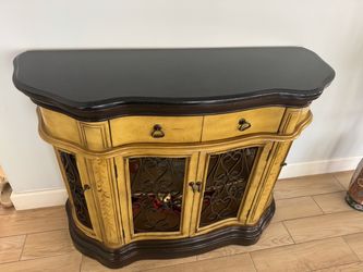 Ornate Console Cabinet with Iron Scrollwork Doors