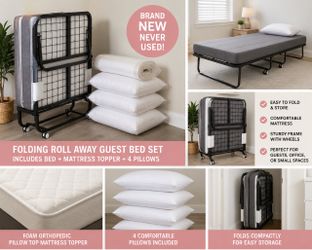 NEW Folding Rollaway Guest Bed + Mattress Topper & 4 Pillows