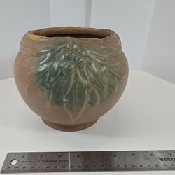 Vintage 6 Inch Vase With Matte Finish Featuring Leaf Relief Design In Green And Tan