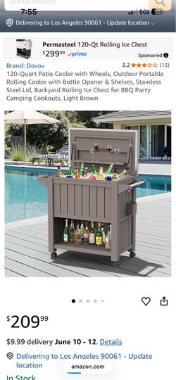 120 Quart Large Patio Rolling Cooler Cart with 304 Stainless Steel Lid & Lockable Wheels