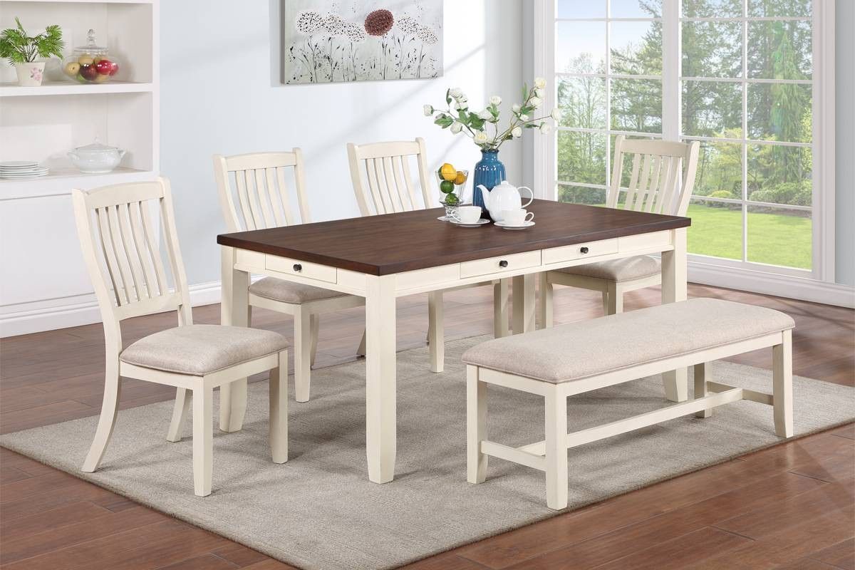 💈 Dining Set 6 Pcs, Cottage Style White And Walnut, Table With Drawers, New !