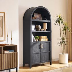 mopio Lauren 77.4" Tall Arched Cabinet, 5-Tier Arched Bookcase with Doors and Adjustable Shelves, Arch Bookshelf with Storage, Wooden Storage Cabinet 