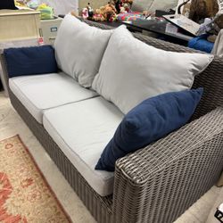 HIGH END Sunset West Coronado Wicker Love Seat with 2 Counter Stools in a driftwood finish - Excellent Condition- Retail: $5500