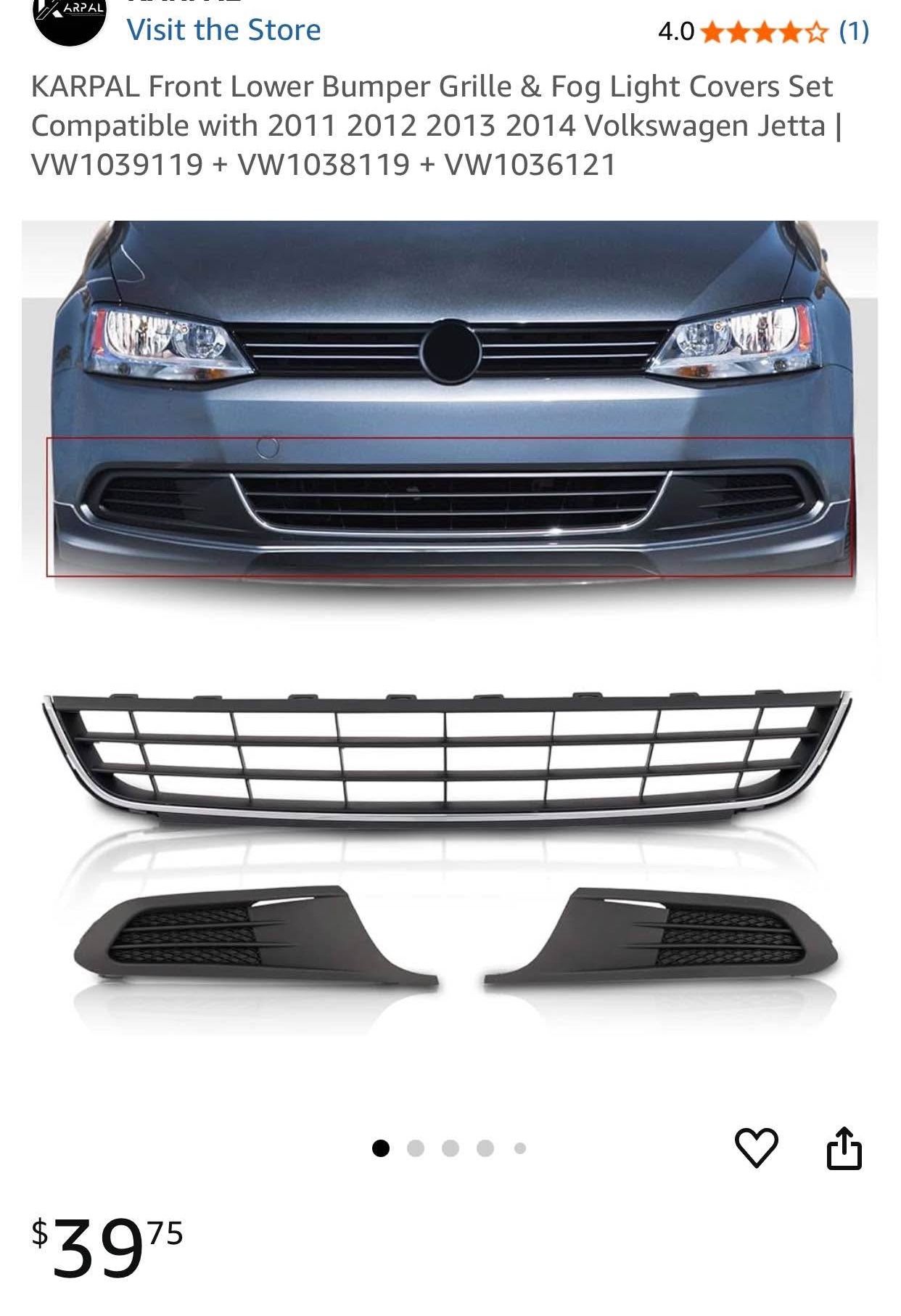 Front Lower Bumper Grille & Fog Light Covers Set Compatible with 2011 2012 2013 2014 Volkswagen Jetta