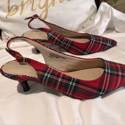 Isaac Mizrahi Red Plaid kitten heel slingback size 9