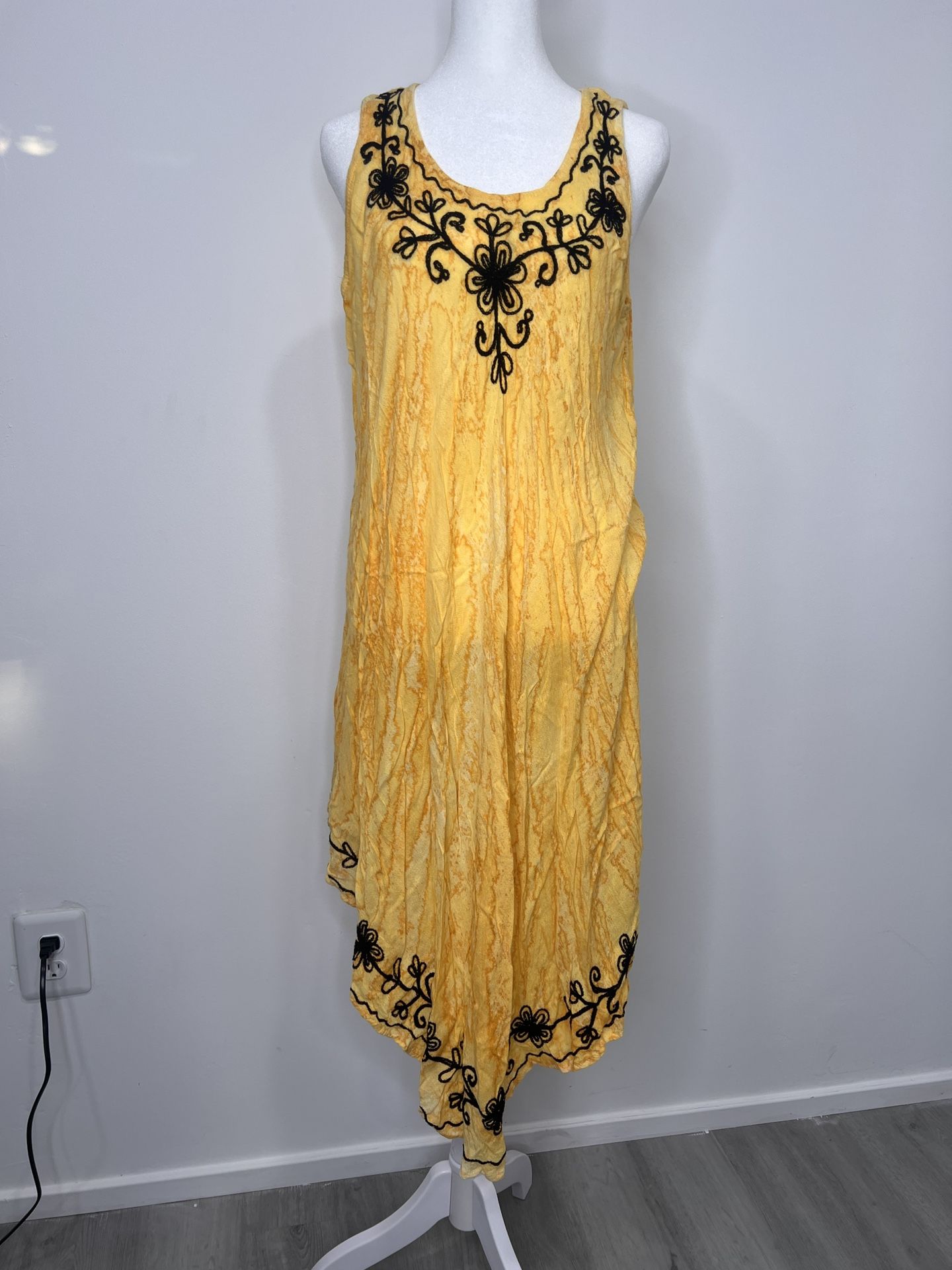 KMA Designer Apperal Boutique Yellow And Black Long Flowy Embroidered Dress