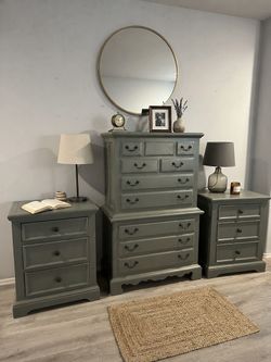 Stunning Sage Green Wooden Dresser & Two Matching Nightstands Set