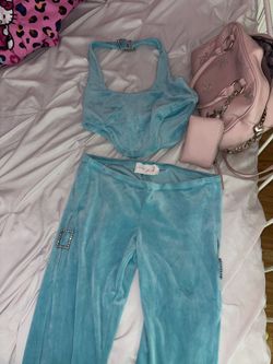 blue crop top pant set 