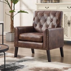 Brand New Mid Century Chesterfield Accent Chair - Dark Brown Faux Leather