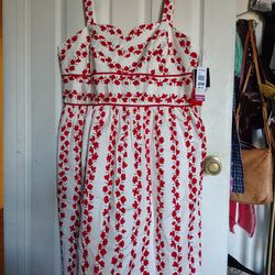 White with red flower pin-up style dress.