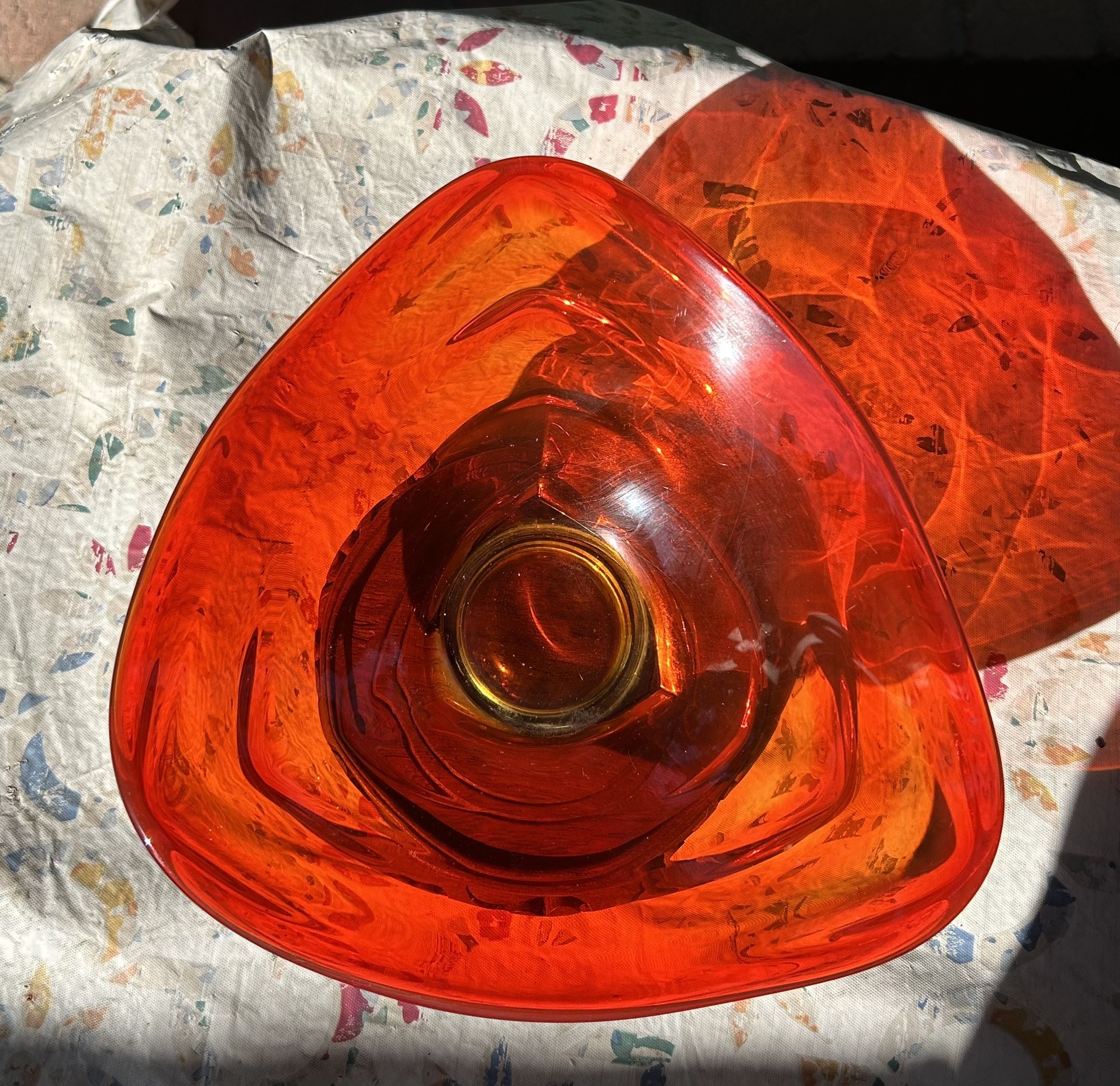 Mid Century Viking Glass Tundra Triangle Dish Fire Orange MCM Centerpiece 9-1/2”