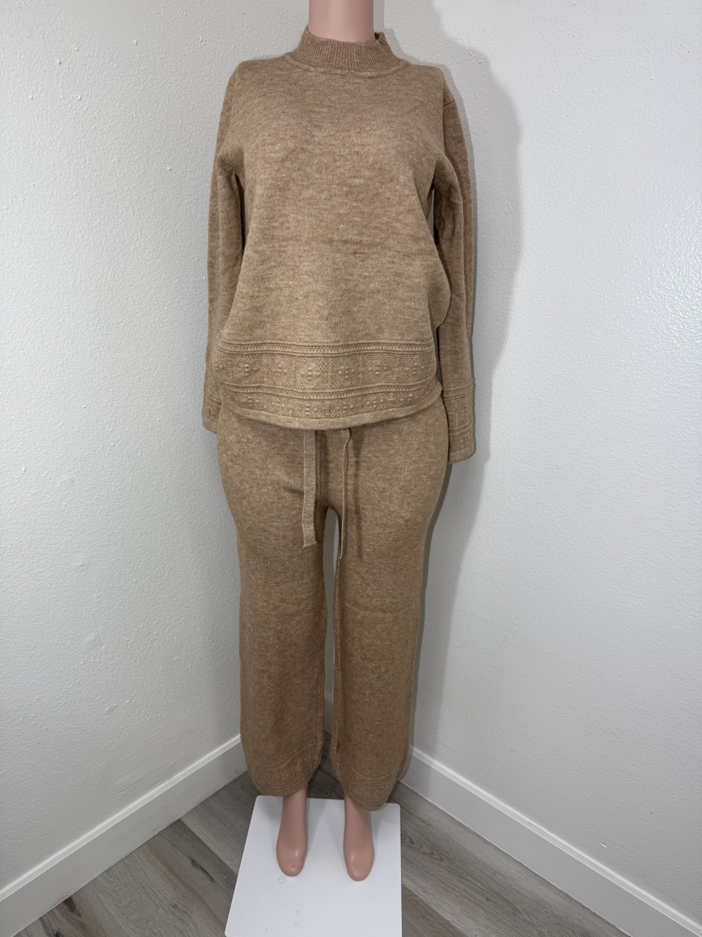 Warm Caramel Lounge Mock Neck Set Pant And Long Sleeve Top