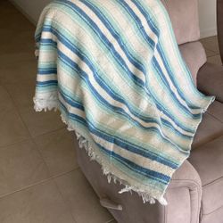 Nice Blue And White Striped Blanket With Fringe