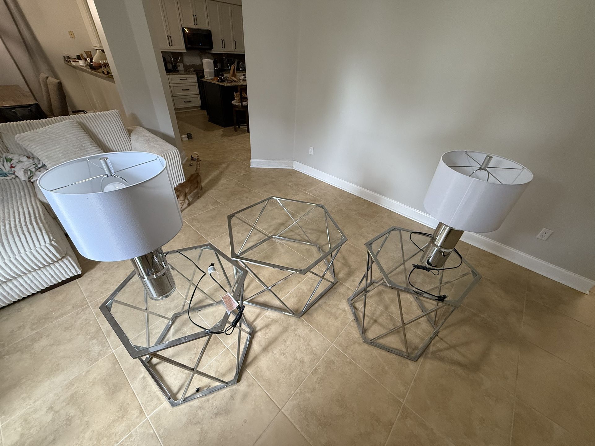 2 Lamps, 2 Glass End Tables, and Glass coffee table