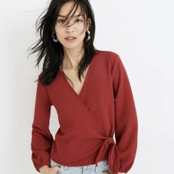 MADEWELL Texture & Thread Red Crepe V Neck Long Sleeve Wrap Blouse Top