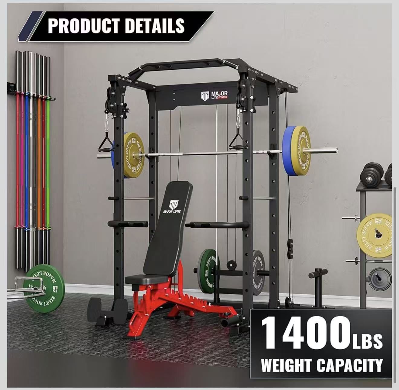 MAJOR LUTIE Power Cage, PLM03 1400 lbs Multi-Function Power Rack with Adjustable Cable Crossover System and More Exercise Machine Attachments $599