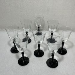 Set of 8 Luminarc France Swirl Glass w/ Black Stem Wine Glasses ~ 6 oz ~ 6 3/8"