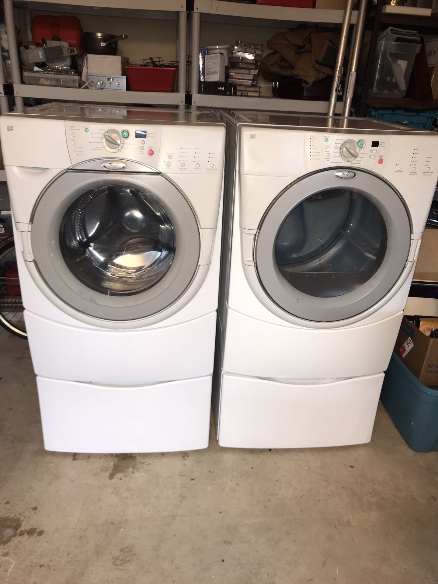 Whirlpool Gold Energy Star Duet Electric Washer and Dryer with pedestals. Washer model GHW9300PW4, 27” Front Loader with all digital controls. 27” f
