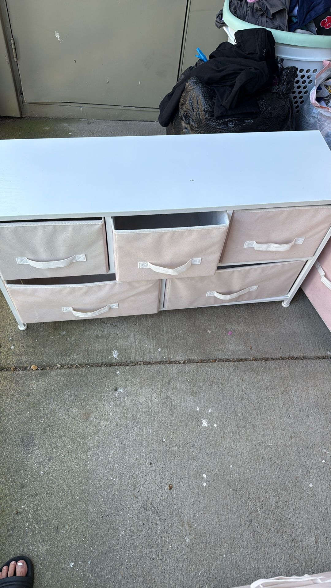 3 Pink And White Fabric Dressers