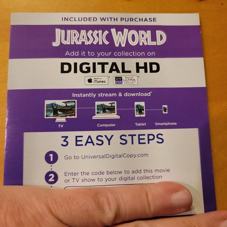 $4 HD DIGITAL MOVIE JURASSIC WORLD $4.00 OR TRADE FOR A MOVIE TITLE I DO NOT ALREADY OWN.