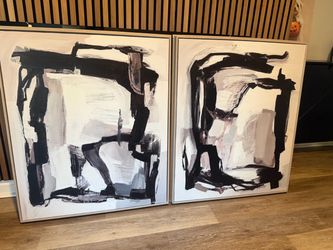 Large Abstract Black and White Painting Set of 2