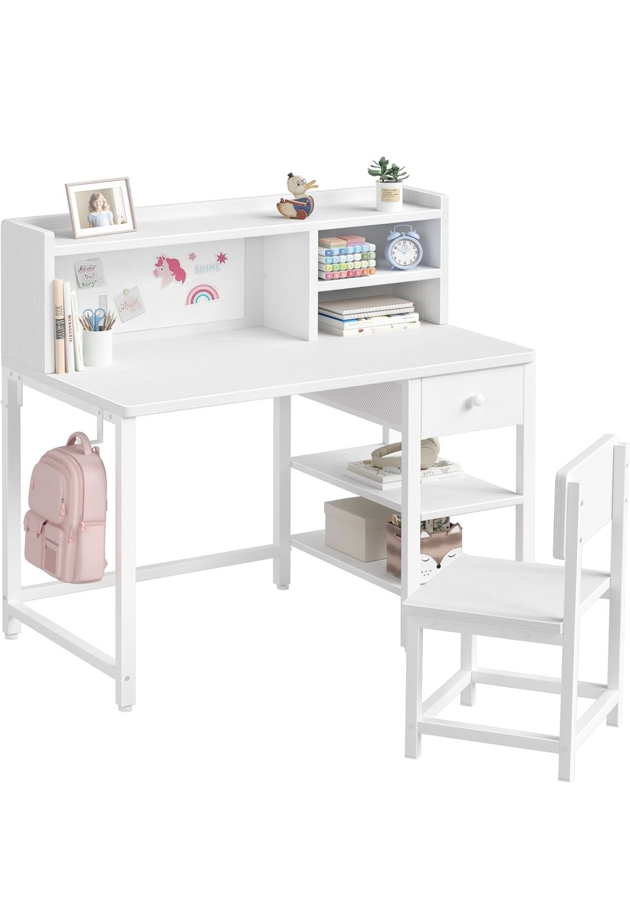 Brand new White Kids Desk and Chair Set for 6-12 Year Old, Children Study Desk with Hutch and Storage Shelf, Student Writing Table with Fabric Drawer