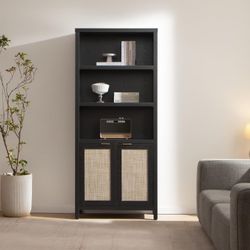 Bookcase 71" Tall Bookshelf 5 Tier Rattan Boho Bookcase with Doors Storage Large Book Case，$130