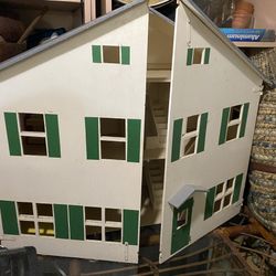  Vintage Handmade Wooden Dollhouse Mid Century Two Story Hinged Front Green Shutters Stairs 