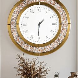 Crushed Diamond Wall Clock Round Decorative Mirrored Clock 32 inch