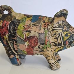 Vintage Folk Art Comic Strip Paper Mache  Pig