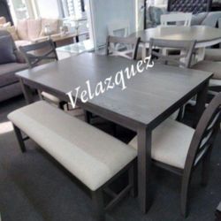 ✅️✅️6  pc grey finish wood dining table set padded seat  chairs and bench ✅️ 