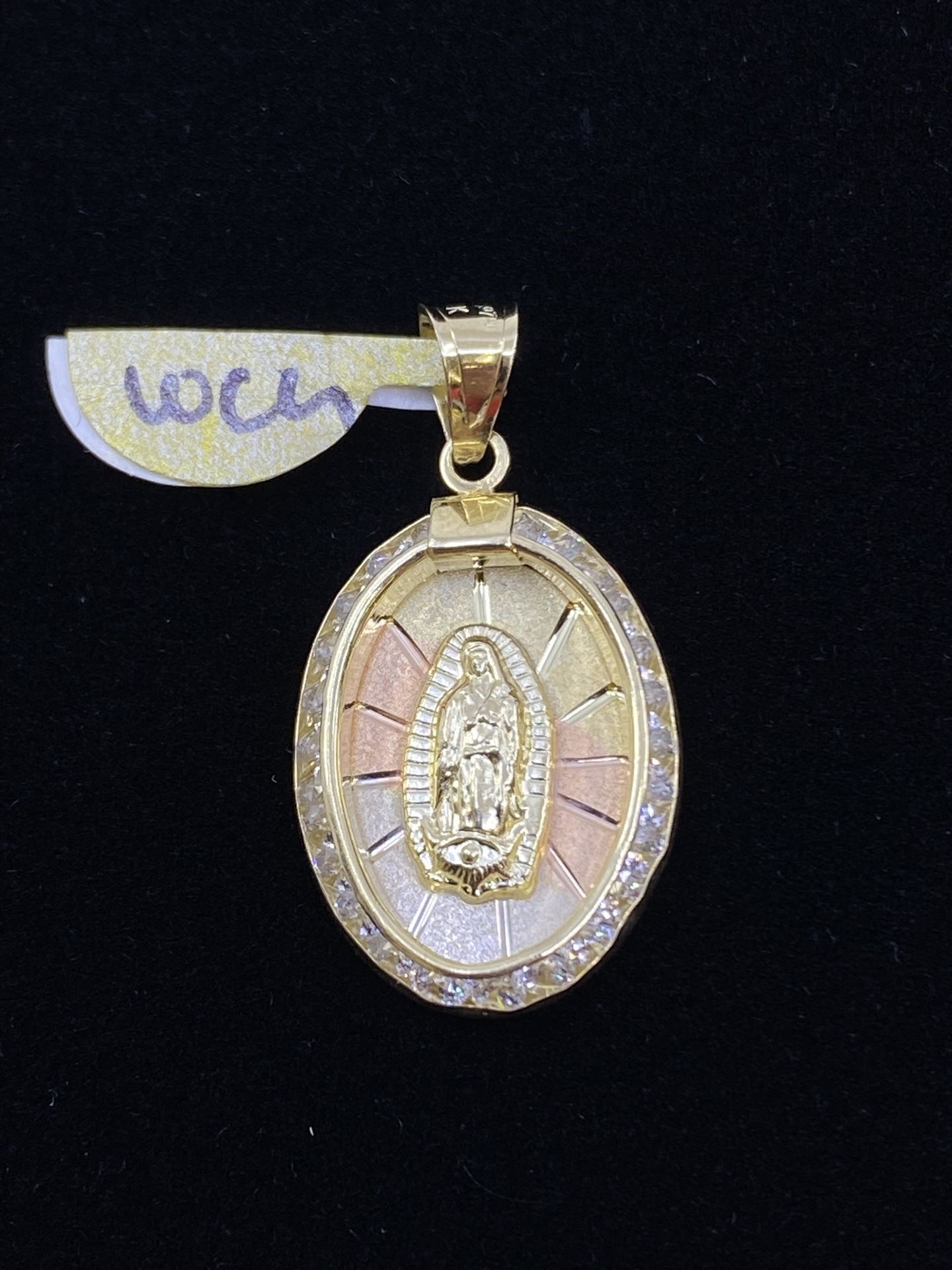 $150 Three Tone Gold W Zirconia Virgin Mary Religious Charm Pendant