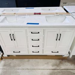 “60” Double Sink Bathroom Vanity in White Color with Black Handles and Vanity Top in White  $915 