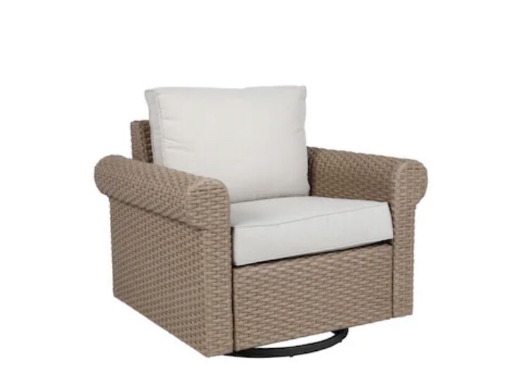 allen + roth Emerald Cove Wicker Brown Steel Frame Swivel Glider Conversation Chair with Cream Cushioned Seat