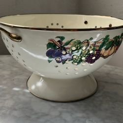 Vintage Enameled Fruit Motif Colander Strainer With Brass Handles