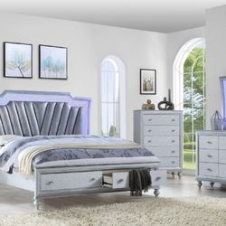 ✨ Modern Silver Bedroom Set with LED Headboard & Storage ✨