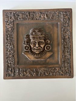 Mexican Folk Art Aztec/Mayan Mask Relief Wall Plaque Square Frame 12 in