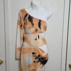 Women’s One Shoulder Abstract Print Cutout Mini Dress – Orange/Black – Size Small