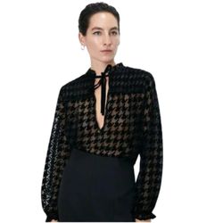 ZARA Small Black Houndstooth Sheer Flocking Button-Down Blouse Top