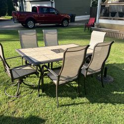 Outdoor aluminum  table with six chairs & umbrella stand