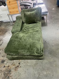 Modern Green Corduroy Chaise Lounge & Lumbar Pillow Support