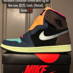 Jordan 1 Retro High Og “Tokyo Bio Hack” size(10.5M). Worn 1x in excellent condition comes with Og All like new. $170. Cash. (Retail). Deals‼️