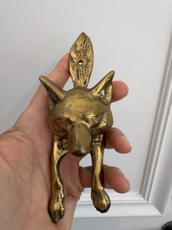 Brass fox or wolf door knocker. Antique vintage MCM Hunt Style. Great on front or bathroom door. Or display. More Brass Art Listed.