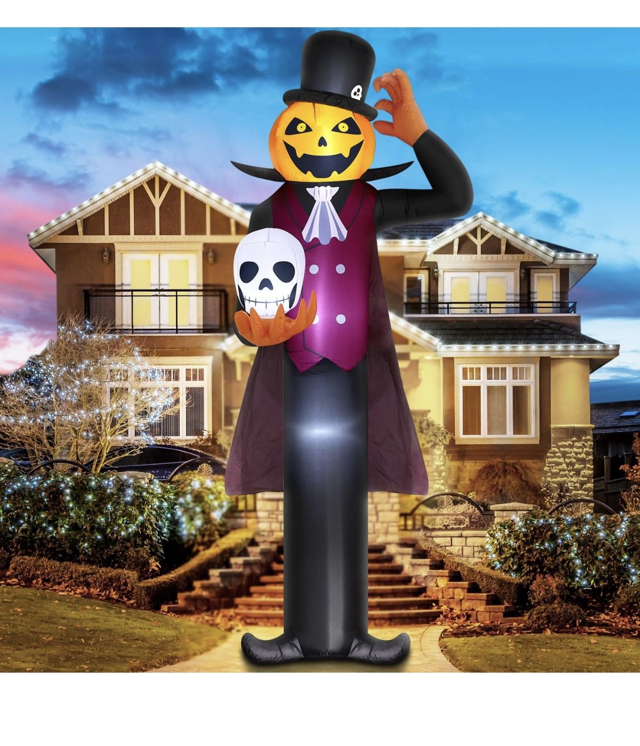 12FT Giant Halloween Inflatables Decorations Pumpkin Vampire Holding Skull