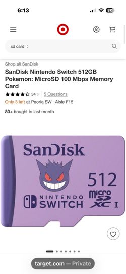 SanDisk Nintendo Switch 512GB Pokemon: MicroSD 100 Mbps Memory Card