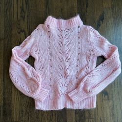 H&M Viral Pink Mohair Wool Blend Cable Knit Sweater Open Lace Cottagecore XS