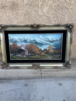 Vintage Oil Painting and Pine Trees Mountain with Cabin